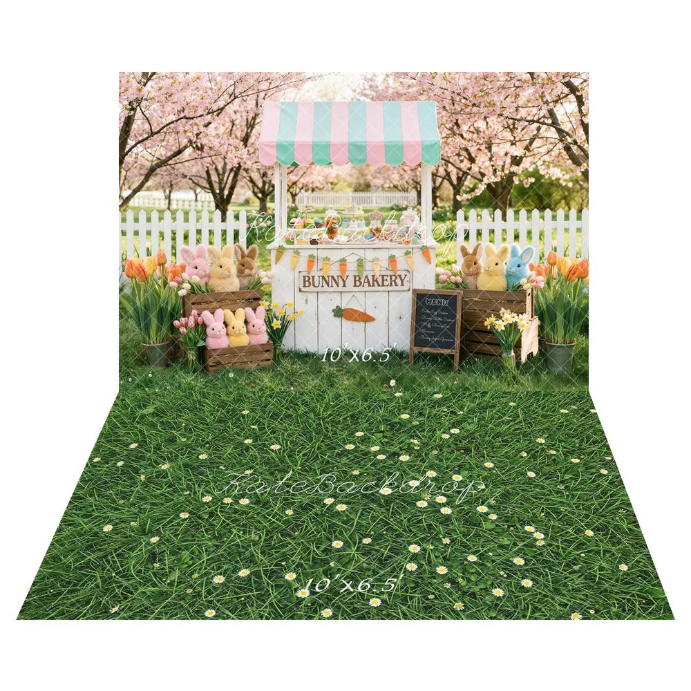 Kate Atelier Easter Bunny Bakery Pink Blossoms + Green Grass Daisy Flowers Backdrop