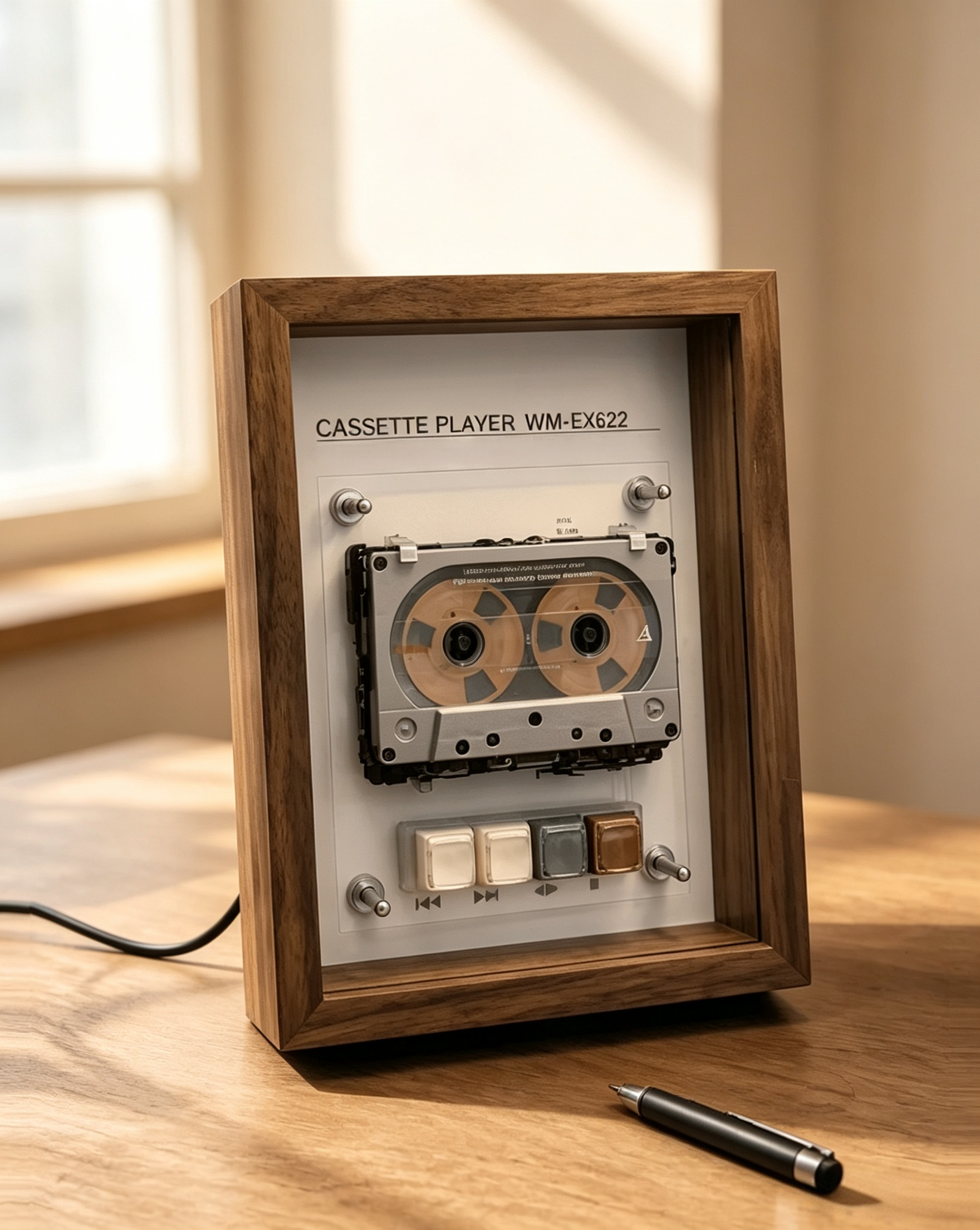 Vintage Cassette Player Frame with Functional Tape Playback & Retro Wall Art Design-HandPrint