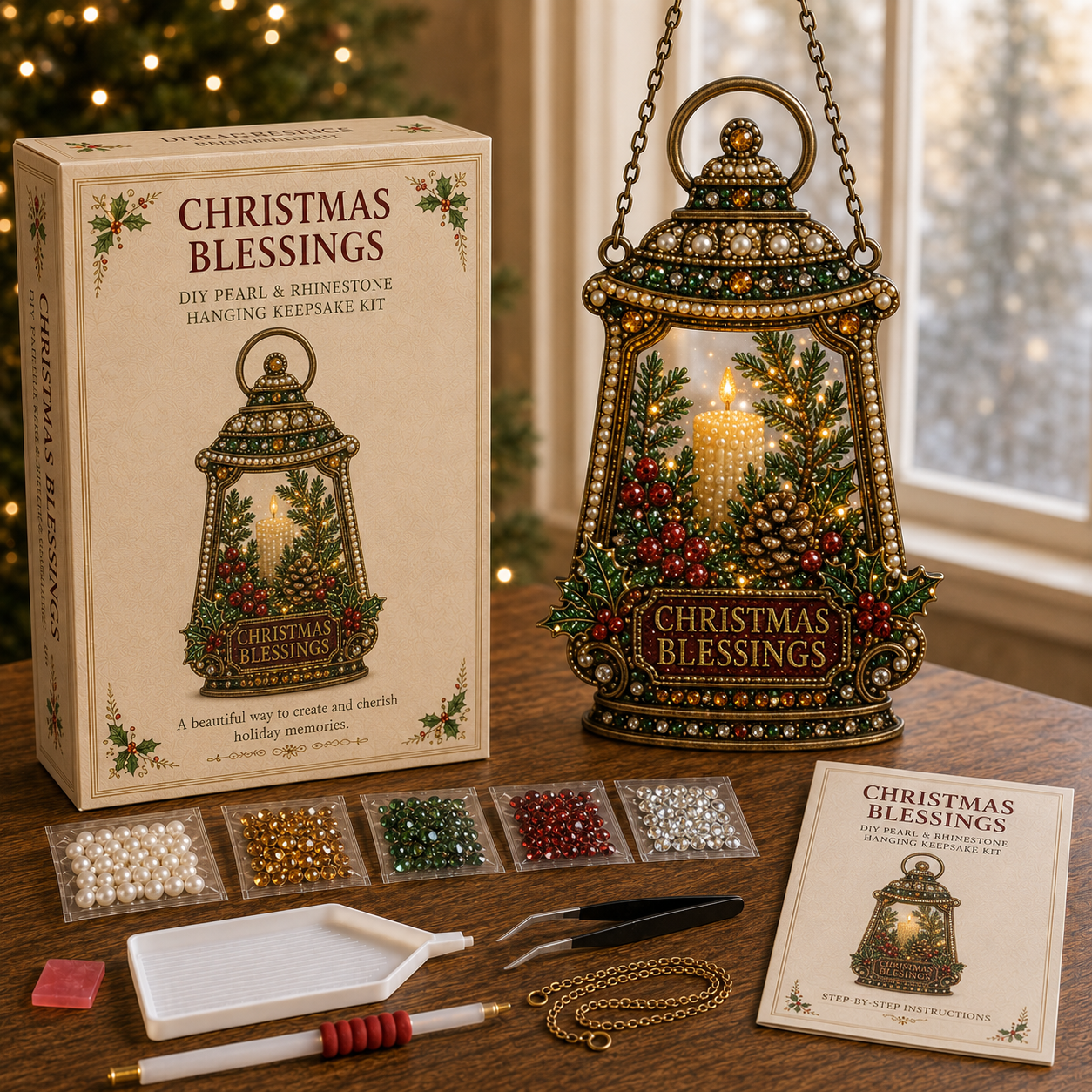 🎄 Christmas Memories Pearl & Rhinestone Hanging Keepsake DIY Kit-HandPrint