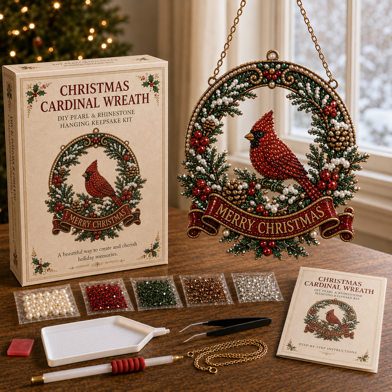 🎄 Christmas Memories Pearl & Rhinestone Hanging Keepsake DIY Kit-HandPrint