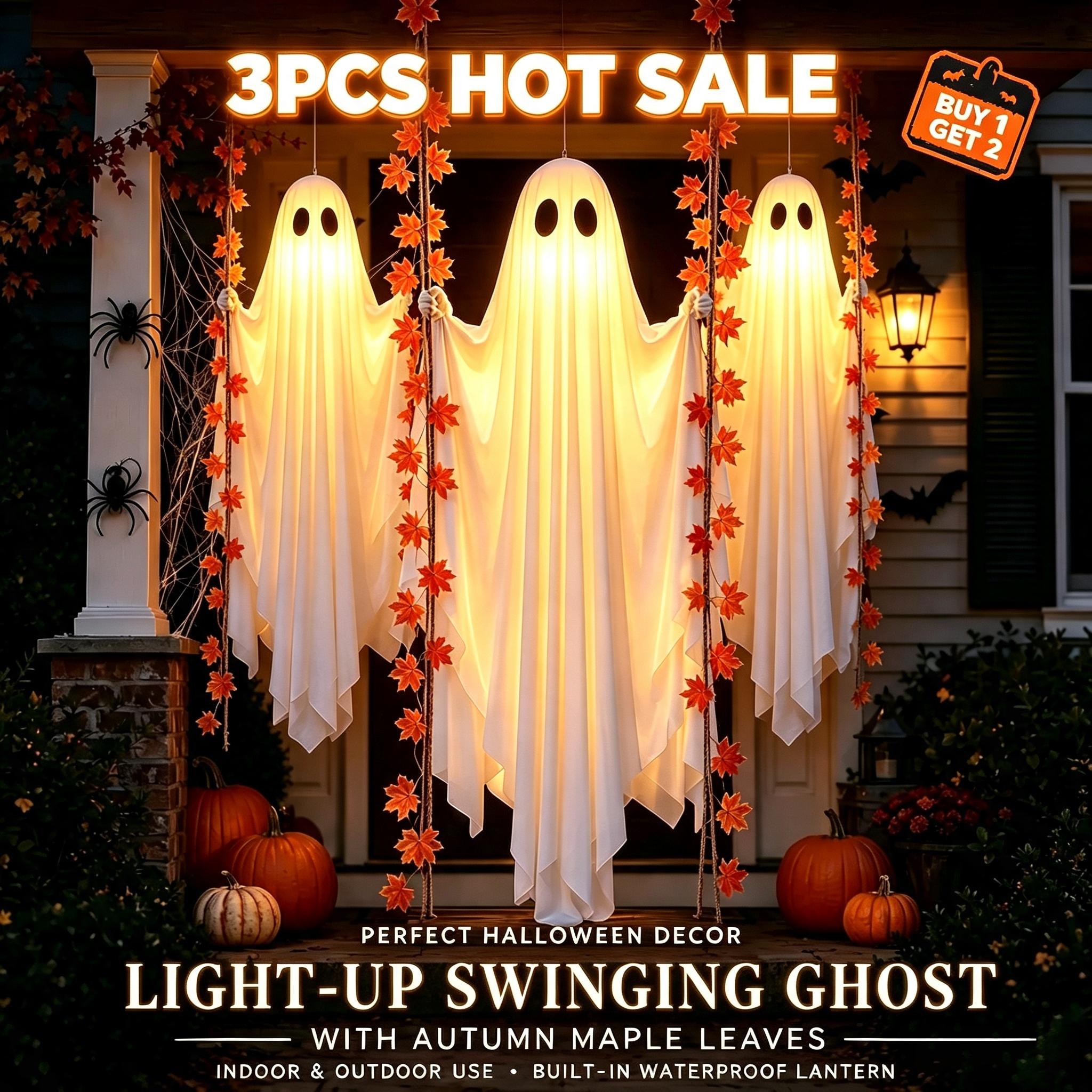 💥 Early Bird Halloween Sale!🔥LED Light-Up Swinging Ghost Halloween Decoration with Maple Leaf Garland & Remote Control-HandPrint