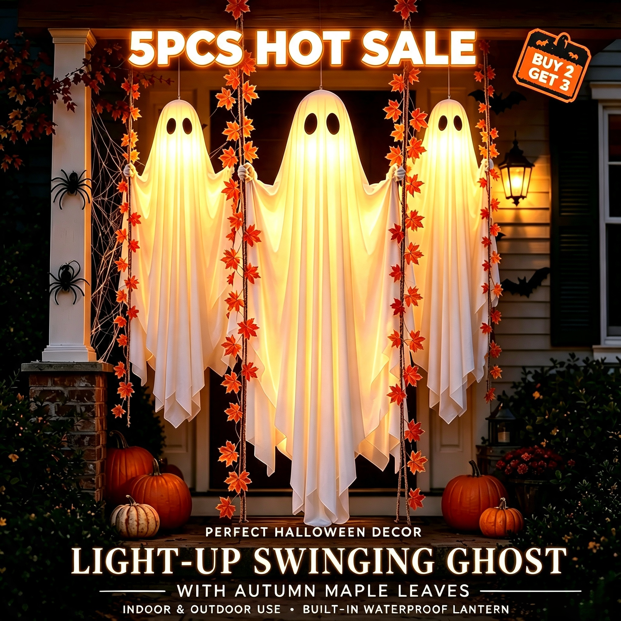 💥 Early Bird Halloween Sale!🔥LED Light-Up Swinging Ghost Halloween Decoration with Maple Leaf Garland & Remote Control-HandPrint