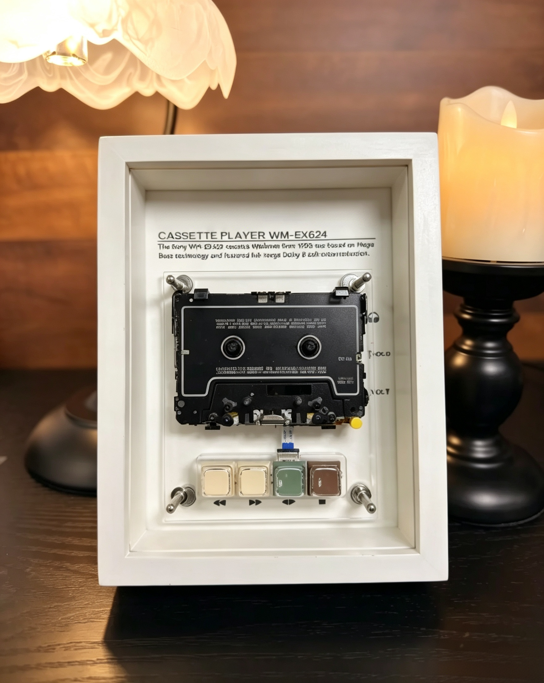 Vintage Cassette Player Frame with Functional Tape Playback & Retro Wall Art Design-HandPrint