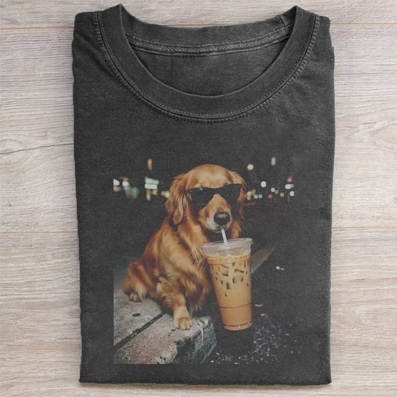 Funny Golden Retriever Drinking Iced Coffee T-shirt-NaturexCraft