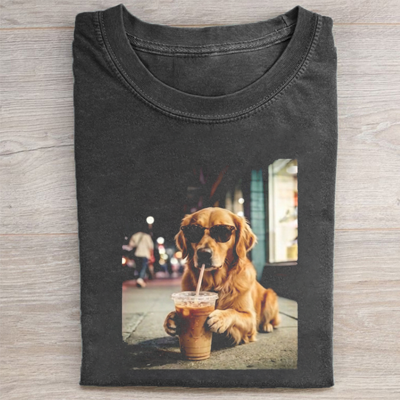 Golden Retriever Drinking Iced Coffee T-shirt-NaturexCraft