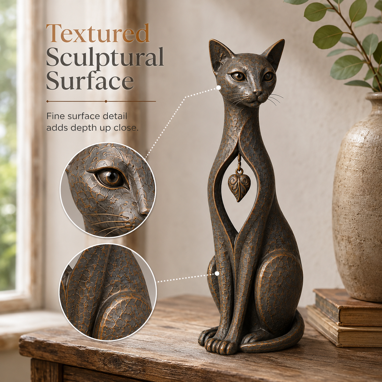 Vintage Bronze Cat Sculpture with Hanging Leaf Charm-HandPrint