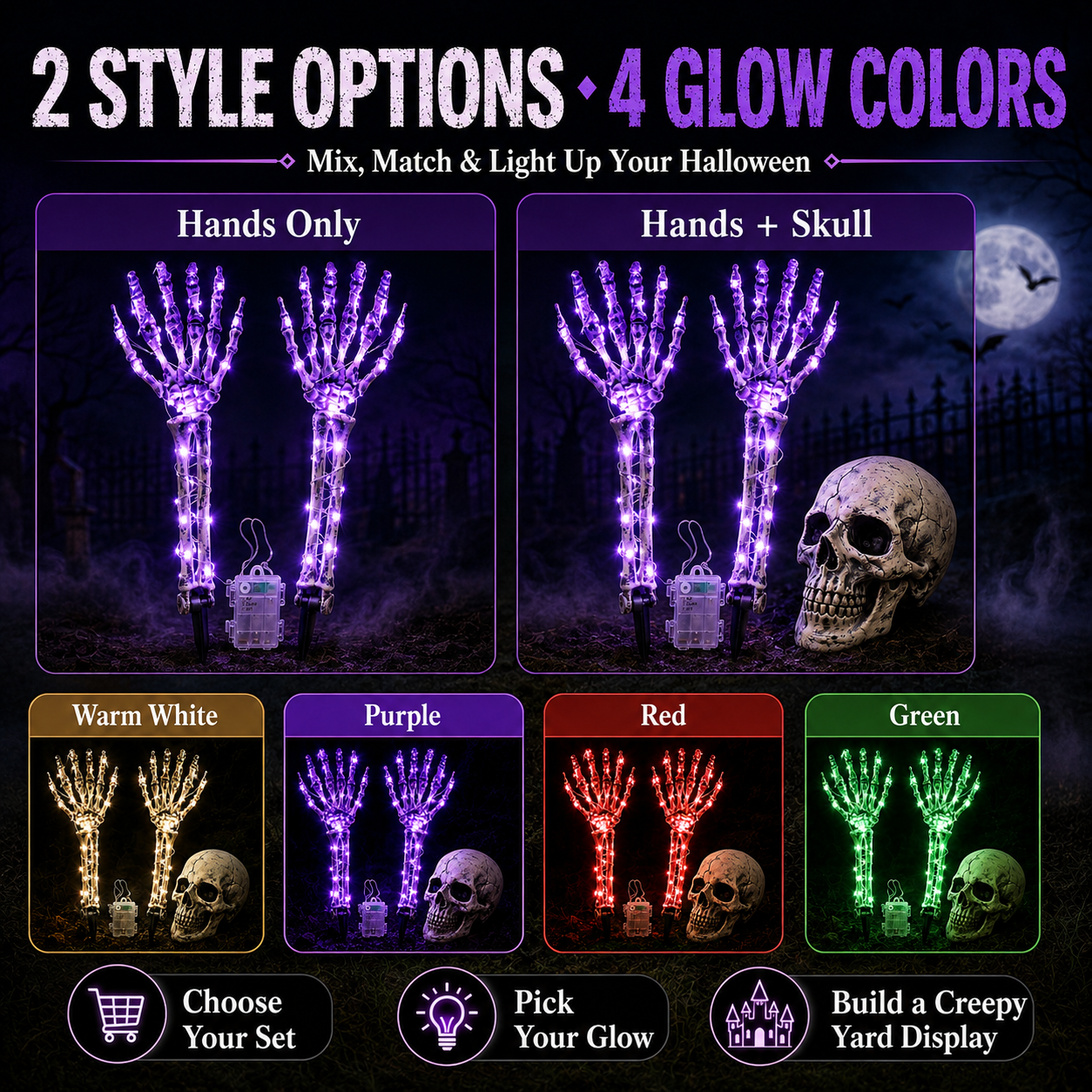 Halloween Skeleton Hands & Skull LED Yard Stakes-HandPrint