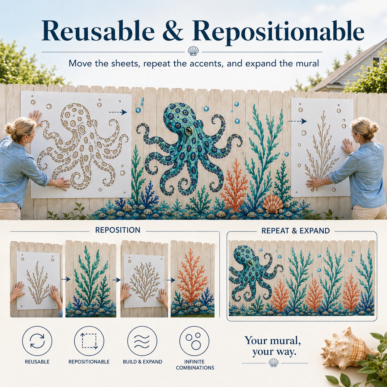 🔥 LAST DAY 49% OFF – 🐙Reusable Ocean Octopus Mural Stencil Set | Bring Plain Walls & Fences to Life with a Bold Underwater Scene 🌊🎨✨-HandPrint