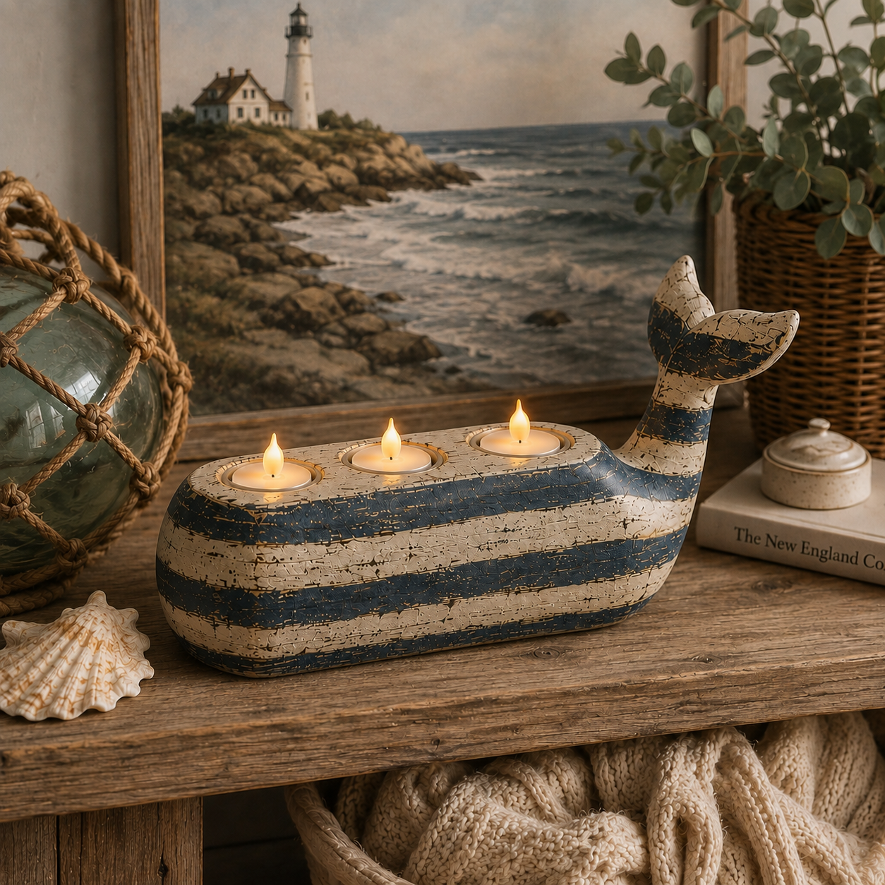 Vintage Coastal Whale Remote-Control LED Tealight Holder-HandPrint