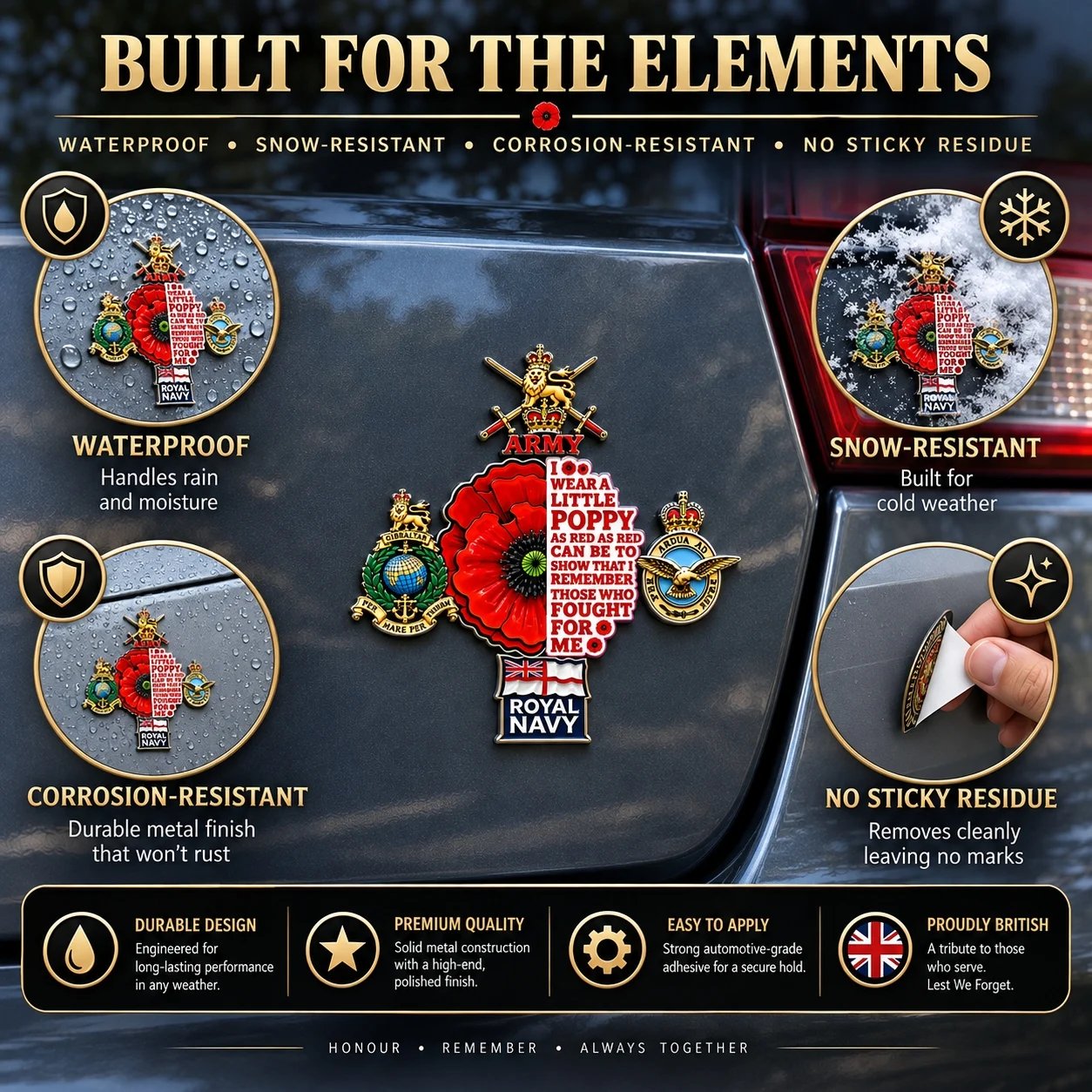 🌺 British Armed Forces “Lest We Forget” Remembrance Poppy Tribute Metal Car Emblem-HandPrint