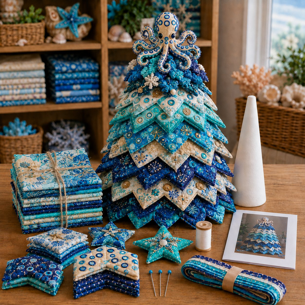 🌊 Ocean Dreams Layered Fabric Tree Craft Kit | Create a Freestanding Coastal Centerpiece with Coordinated Fabrics & Marine Topper 🐚✨-HandPrint