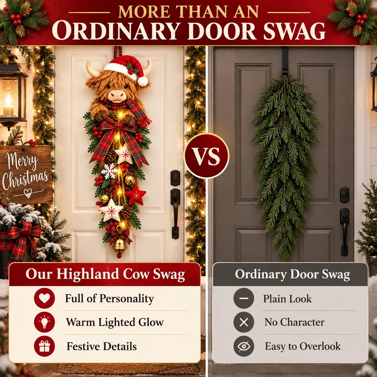 🎄🐮 Lighted Highland Cow Christmas Door Swag – A Cozy Holiday Welcome-HandPrint