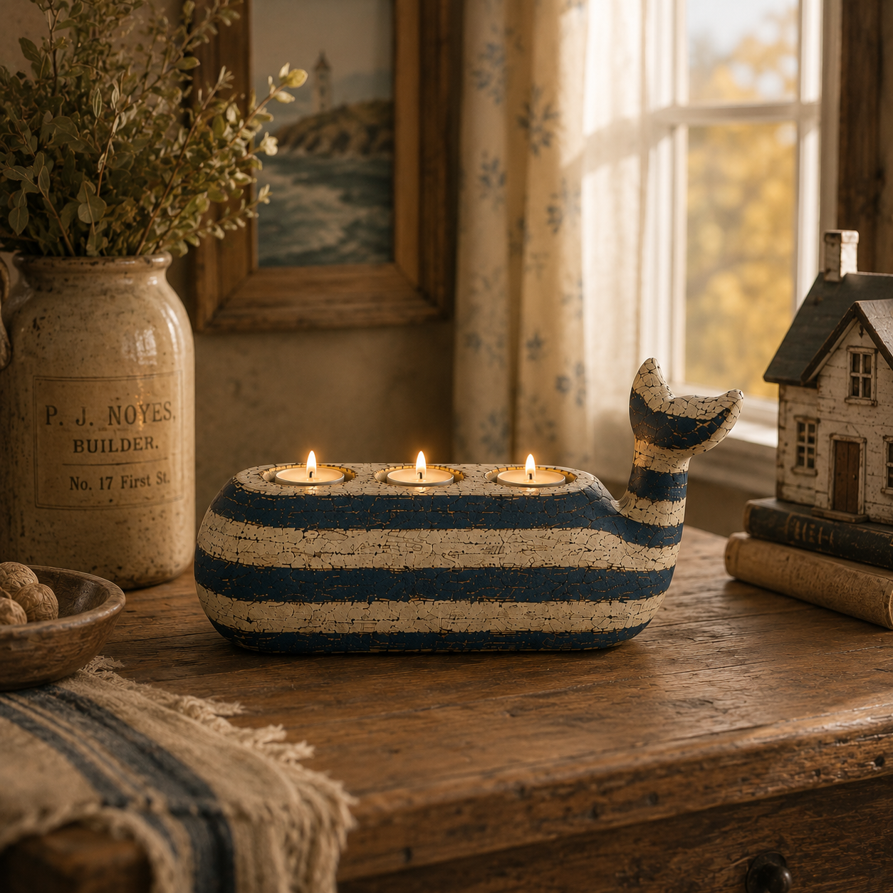 Vintage Coastal Whale Remote-Control LED Tealight Holder-HandPrint