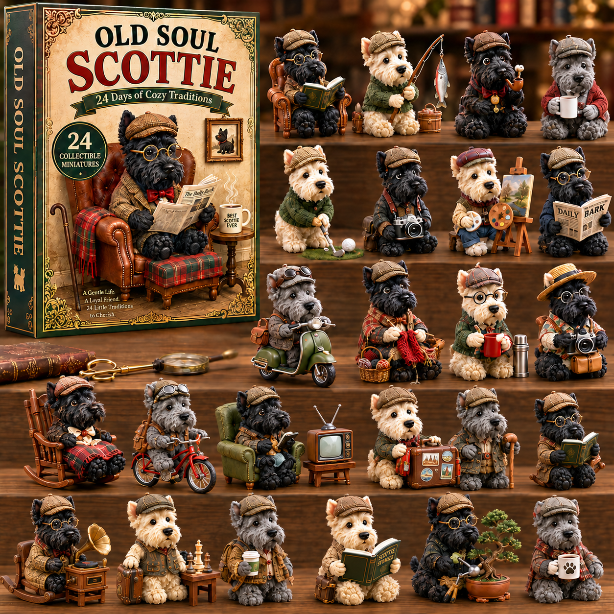 Old Soul Scottie 24-Day Advent Calendar – 24 Adorable Collectible Scottish Terrier Miniatures, Cozy Christmas Countdown Gift for Scottie Lovers & Dog Owners-HandPrint