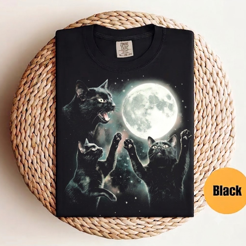 Vintage Black Cat Moon Graphic T-shirt-NaturexCraft