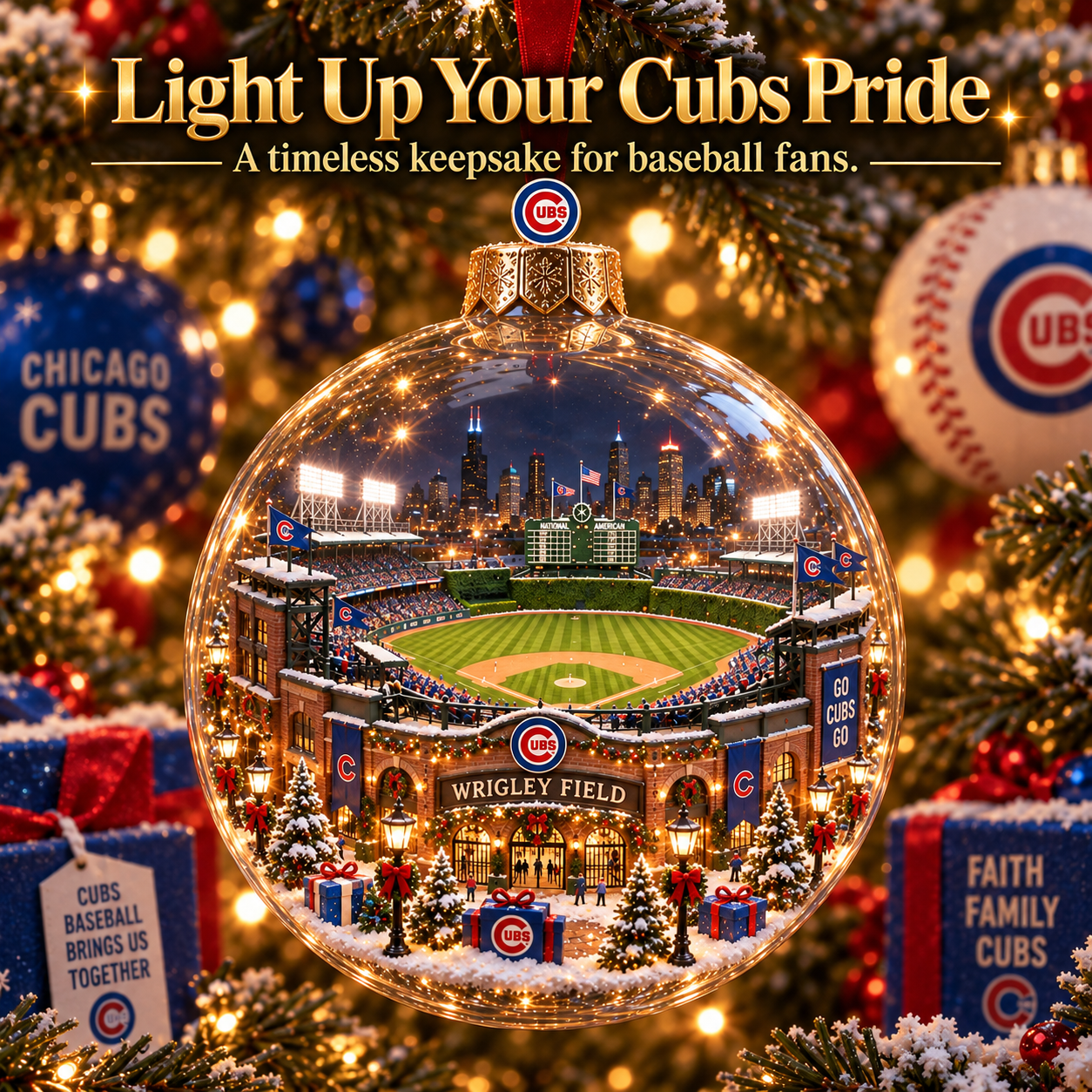 🎄 Fly the W — Light-Up Baseball Heritage Diorama Ornament-HandPrint