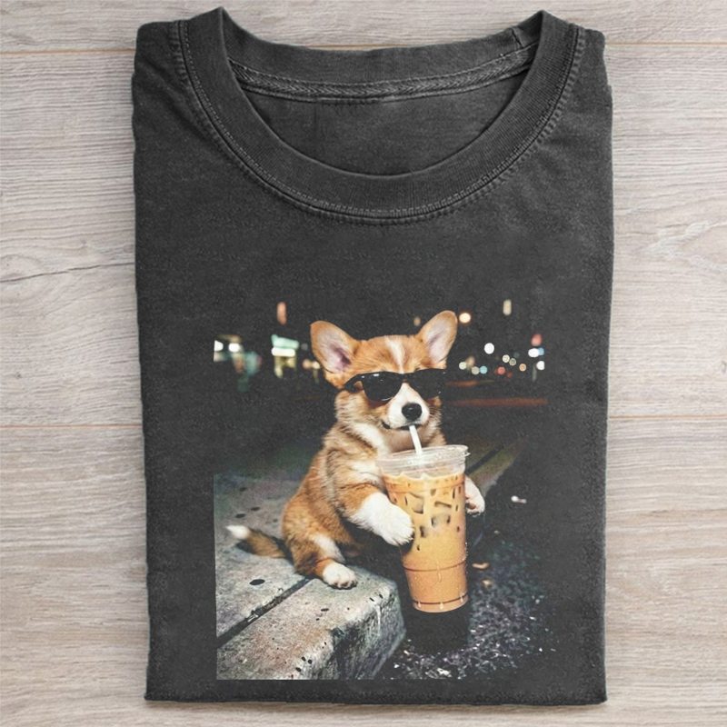 Funny Corgi Drinking Iced Coffee T-shirt-NaturexCraft