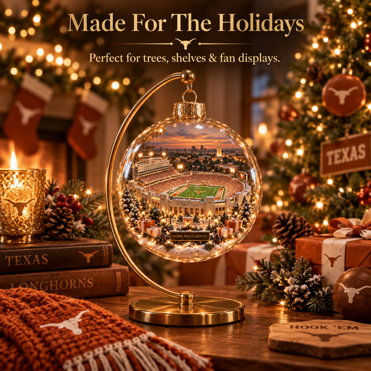 🏈🎄 Hook ’Em – Light-Up College Football Heritage Christmas Ornament-HandPrint