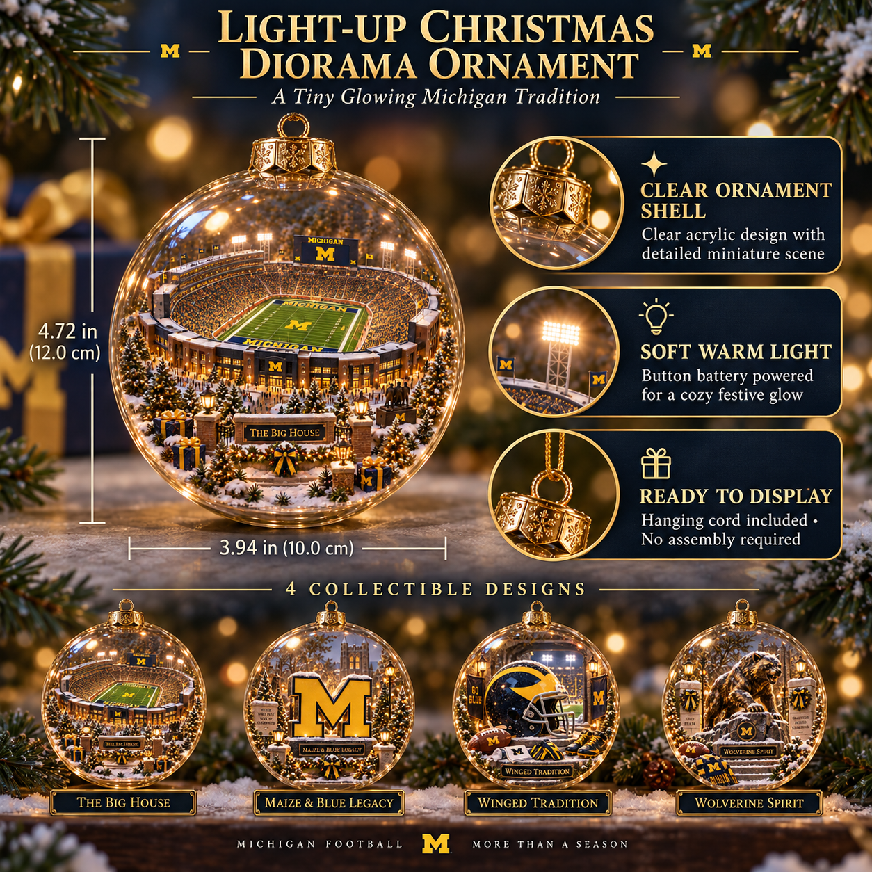 🏈🎄 Go Blue – Light-Up College Football Heritage Christmas Ornament-HandPrint