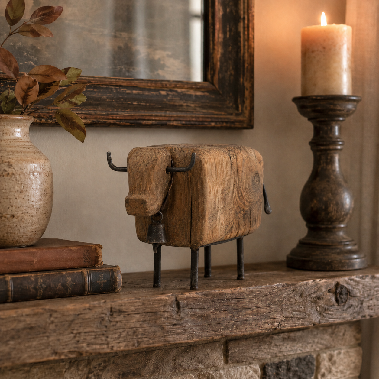Vintage Wooden Cow Figurine with Metal Bell-HandPrint