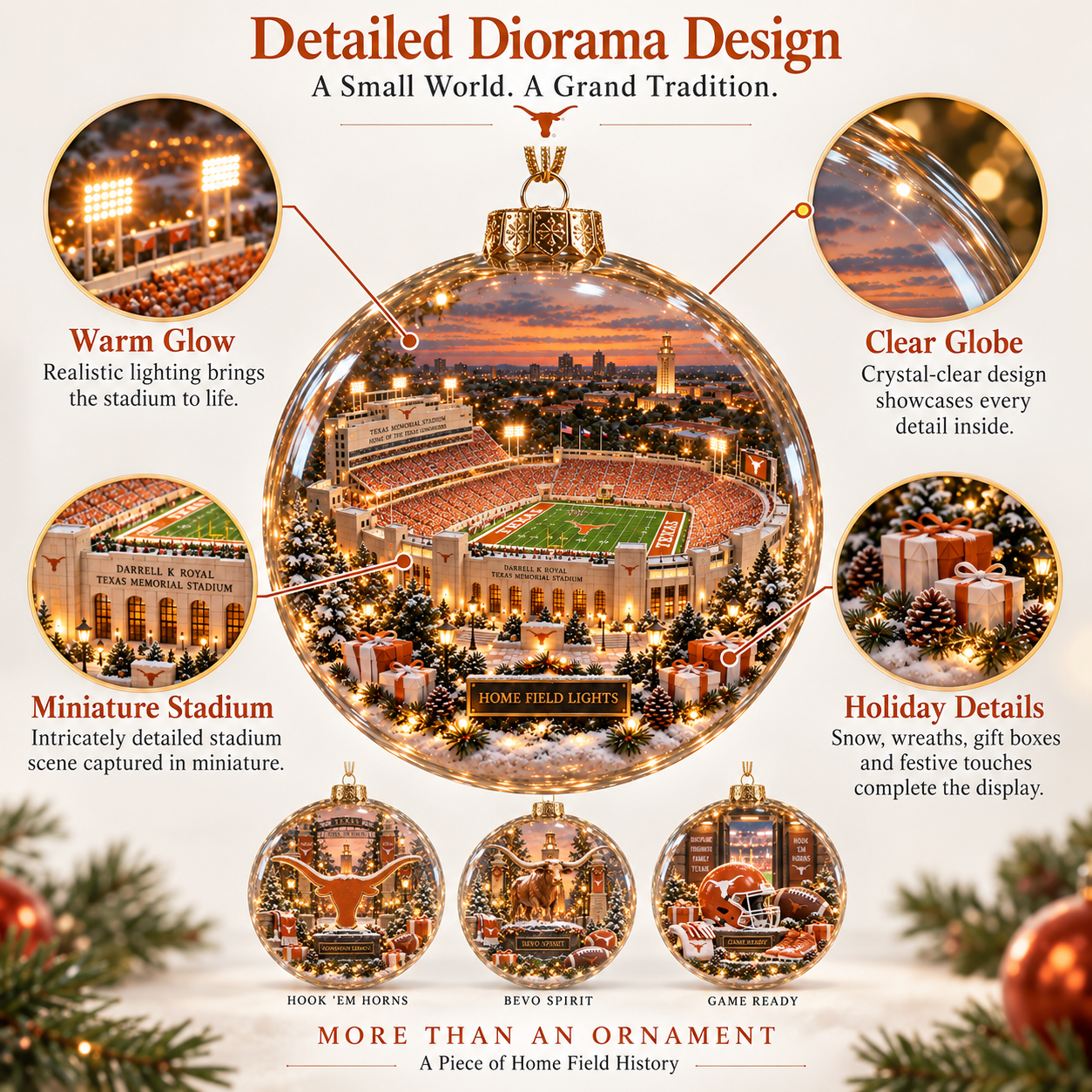 🏈🎄 Hook ’Em – Light-Up College Football Heritage Christmas Ornament-HandPrint