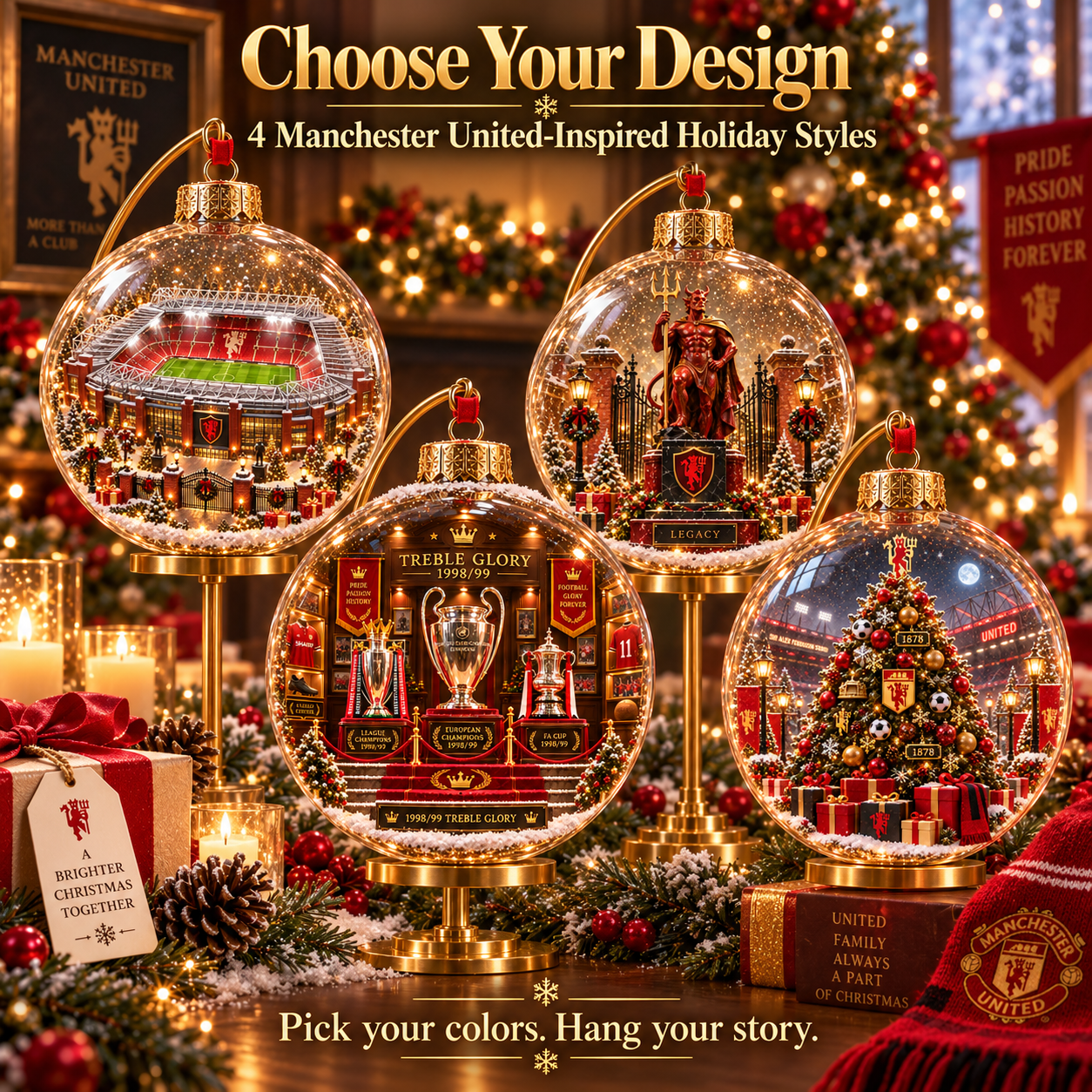 🎄 United in Red — Light-Up Football Heritage Diorama Ornament-HandPrint