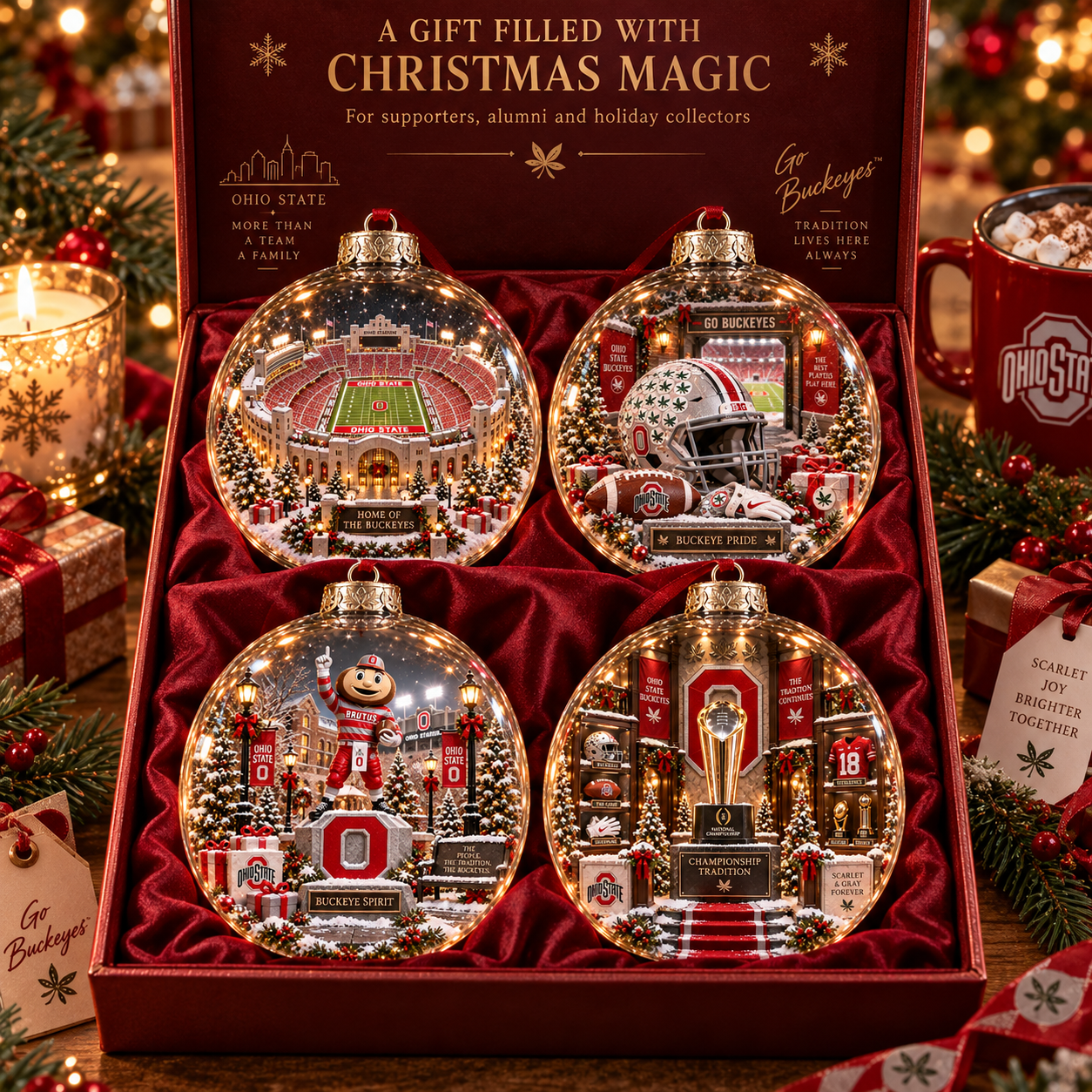 🎄 Scarlet & Gray Forever — Light-Up College Football Diorama Ornament-HandPrint