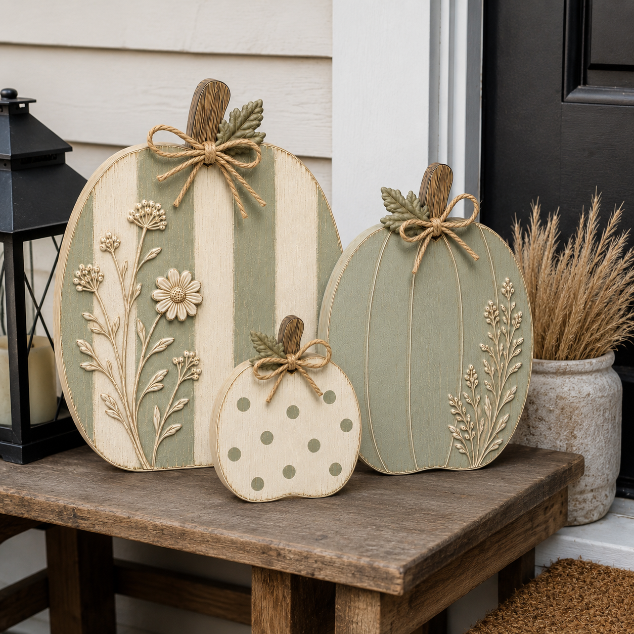 Sage & Cream Raised Wildflower Solid Wood Pumpkin Trio-HandPrint