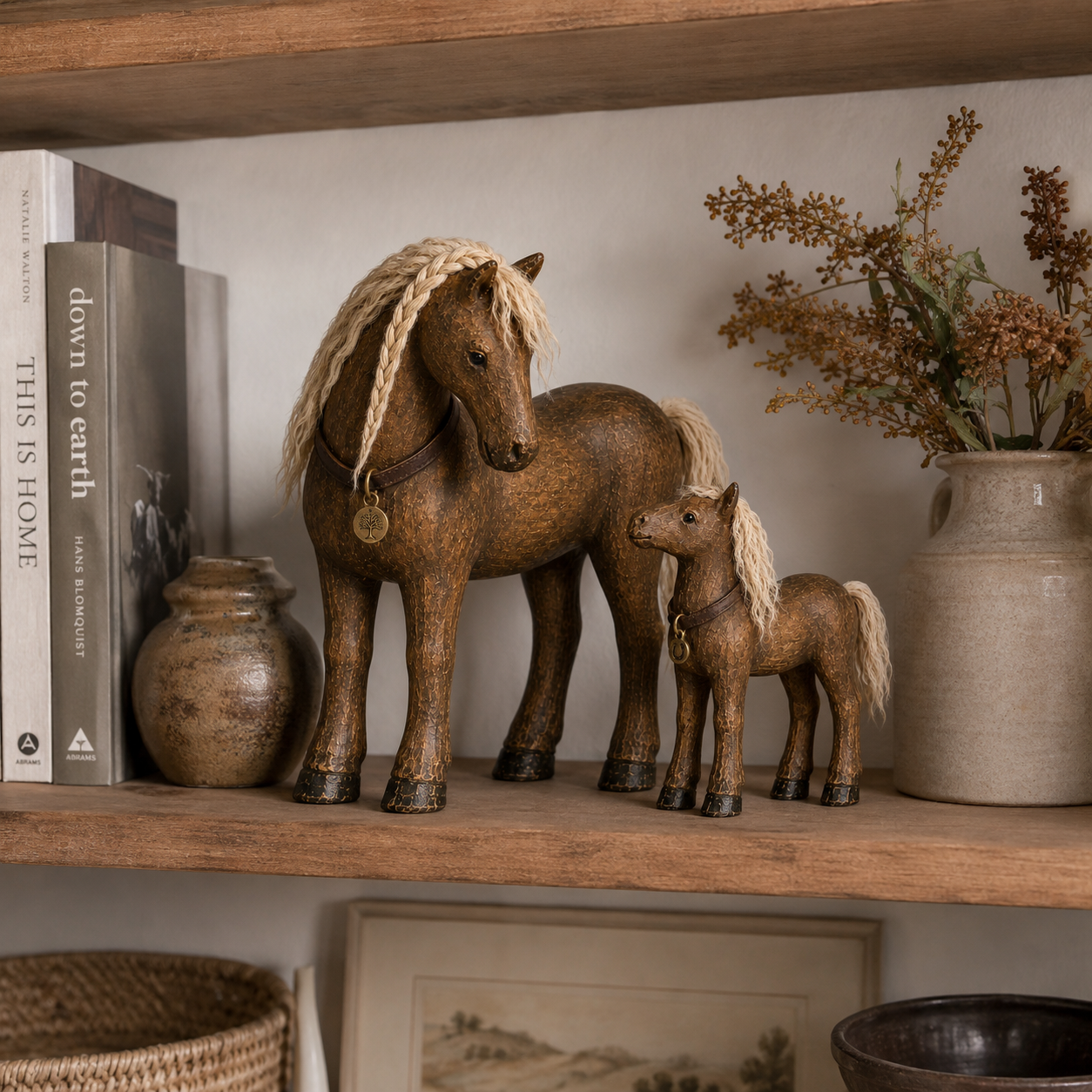 Vintage Mother & Foal Solid Wood Horse Figurine-HandPrint