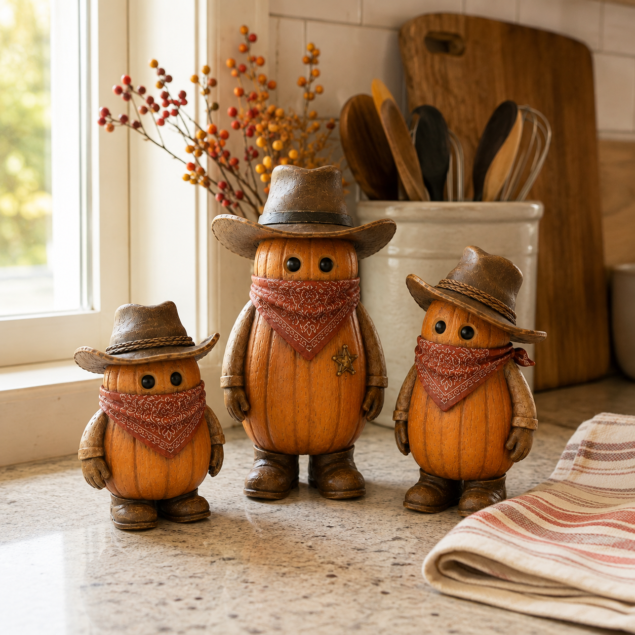 The Pumpkin Posse – Vintage Western Pumpkin Cowboy Figurines, Set of 3-HandPrint