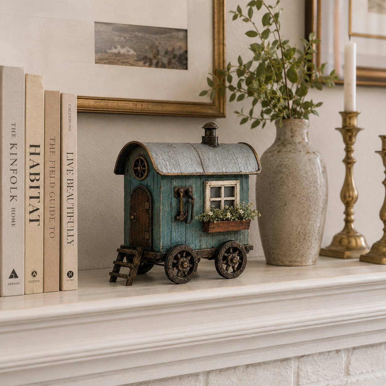 The Wandering Cottage – Lighted Solid Wood Vintage Traveling Cottage Decor-HandPrint