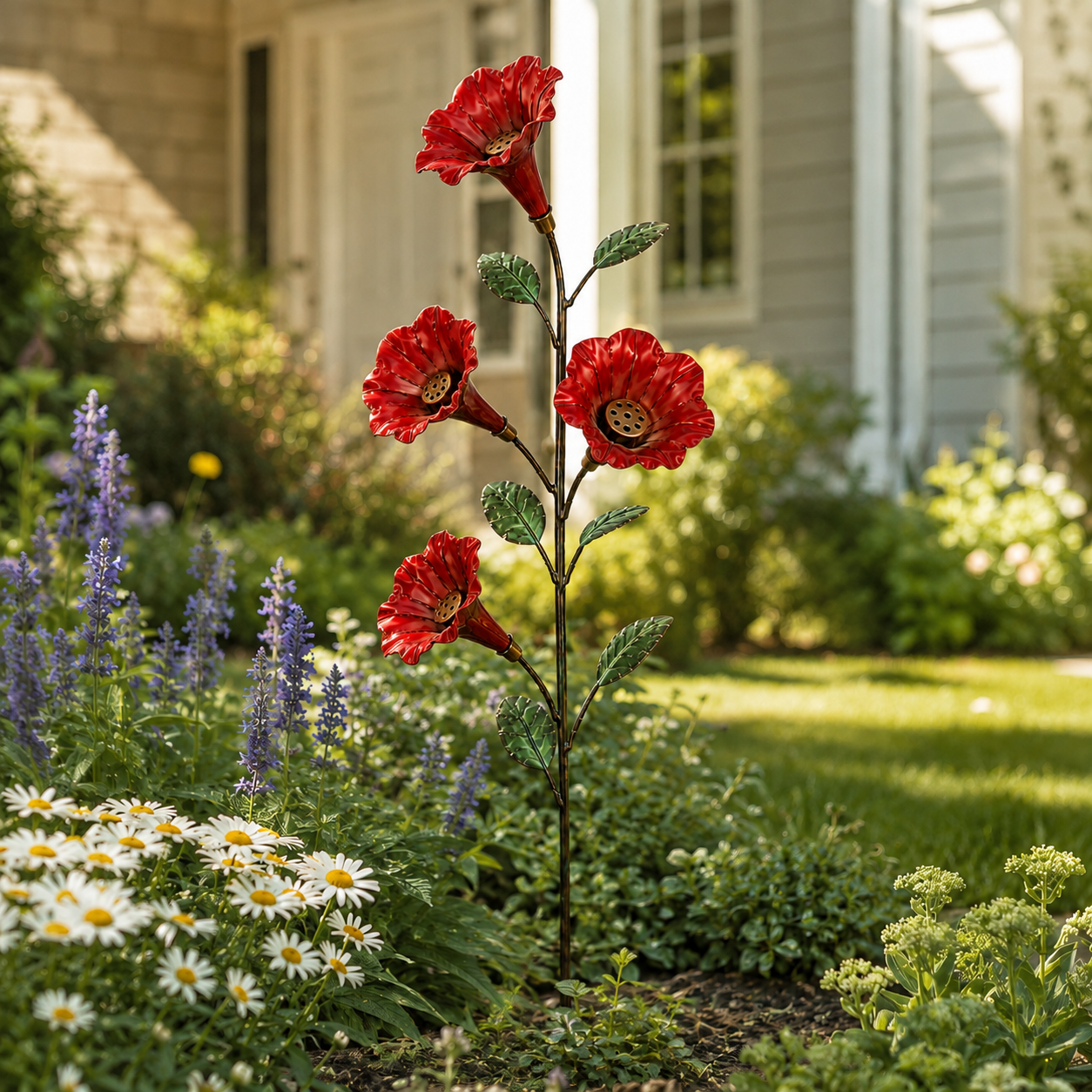 Vintage Red Flower Hummingbird Feeder Garden Stake-HandPrint
