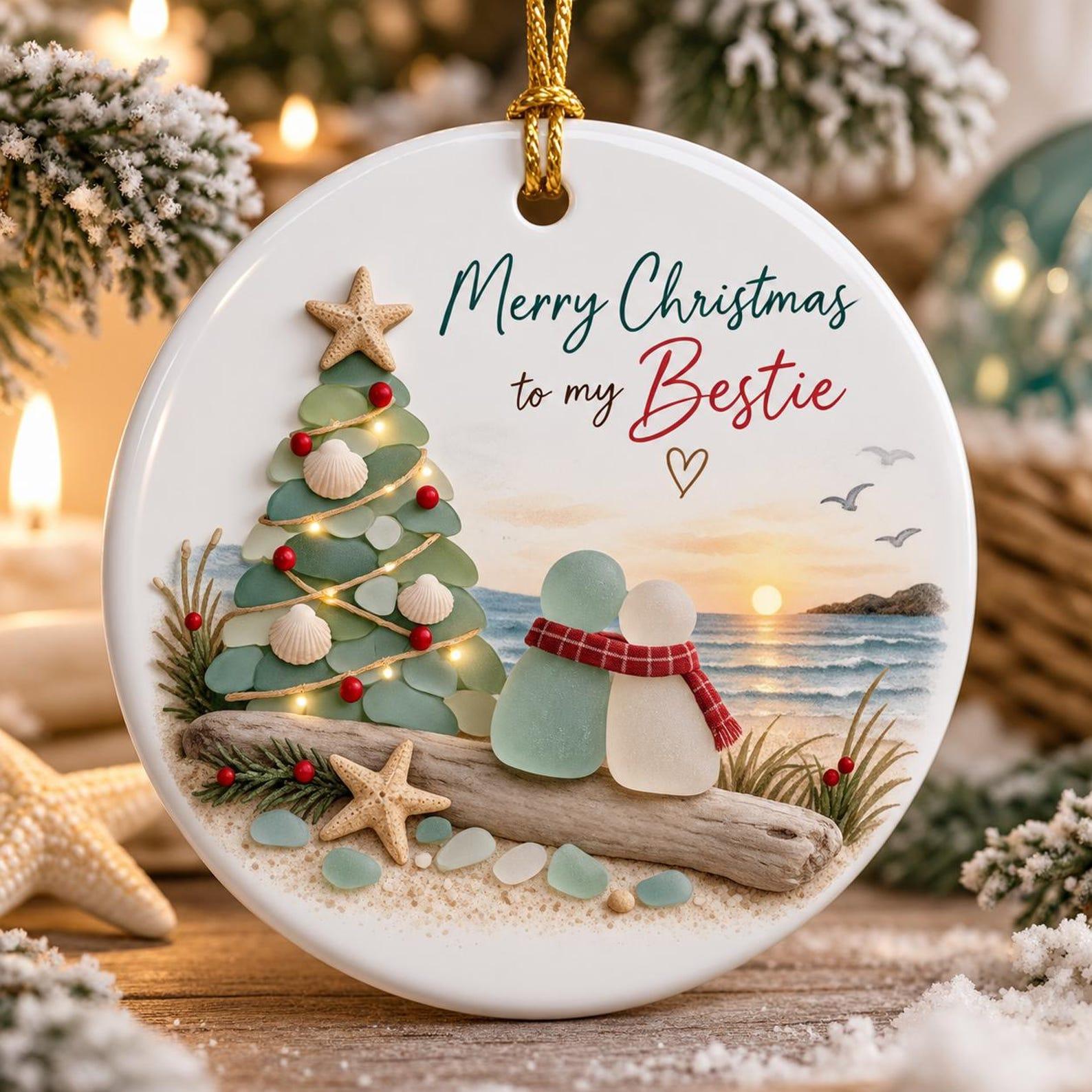 🎄Merry Christmas to My Bestie – Coastal Christmas Ornament, Seaside-Inspired Friendship Keepsake & Holiday Gift-HandPrint