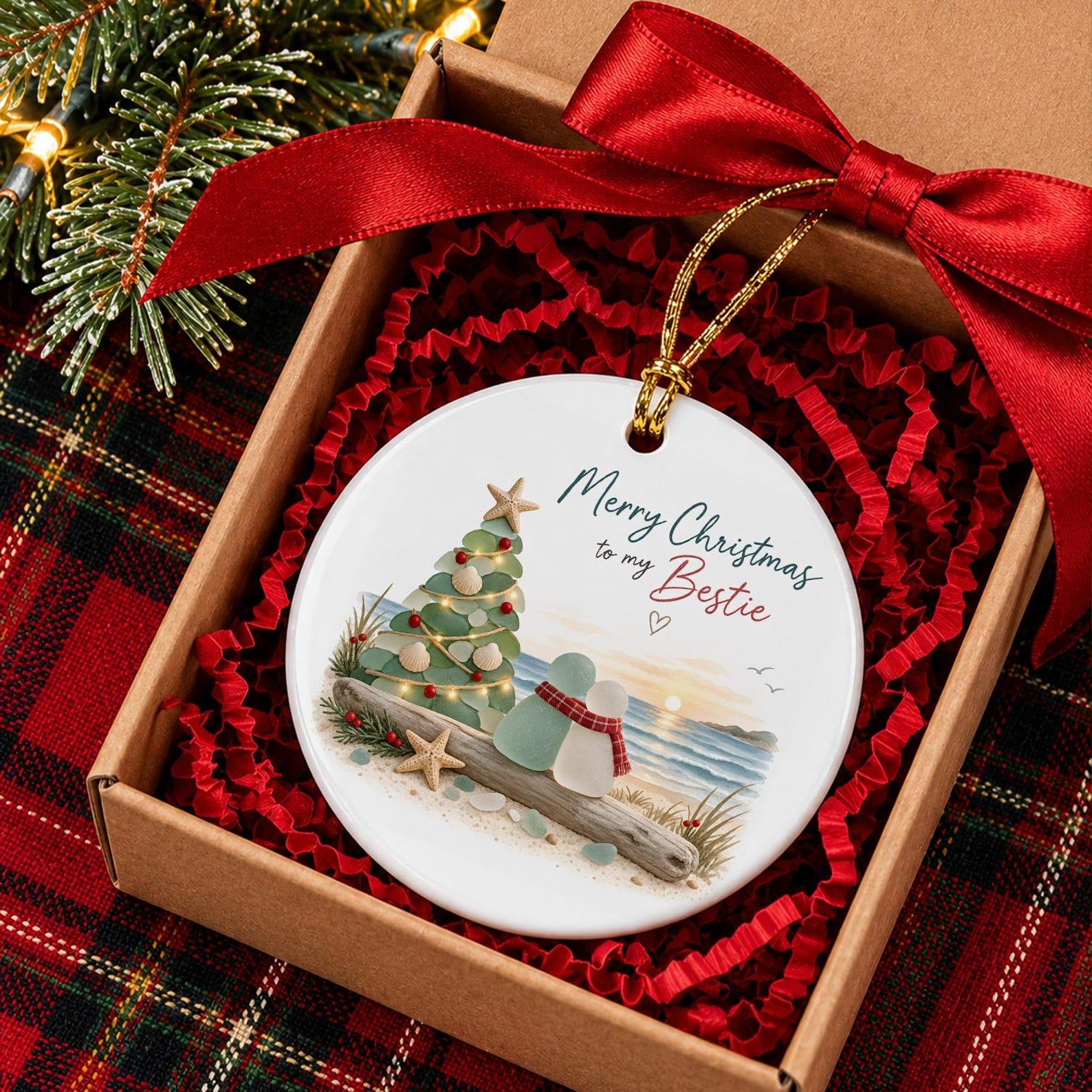 🎄Merry Christmas to My Bestie – Coastal Christmas Ornament, Seaside-Inspired Friendship Keepsake & Holiday Gift-HandPrint