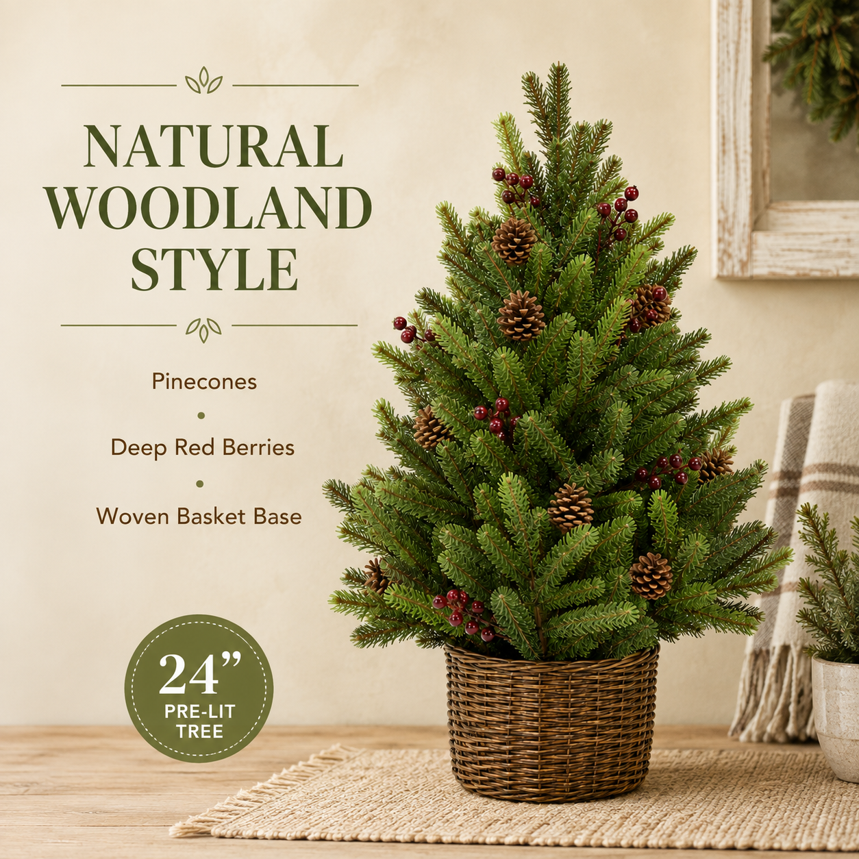 24-Inch Pre-Lit Christmas Tree with Woven Basket-HandPrint
