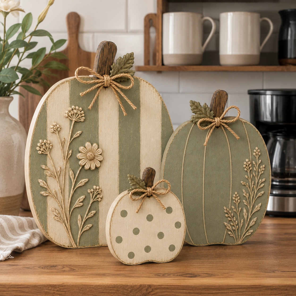 Sage & Cream Raised Wildflower Solid Wood Pumpkin Trio-HandPrint