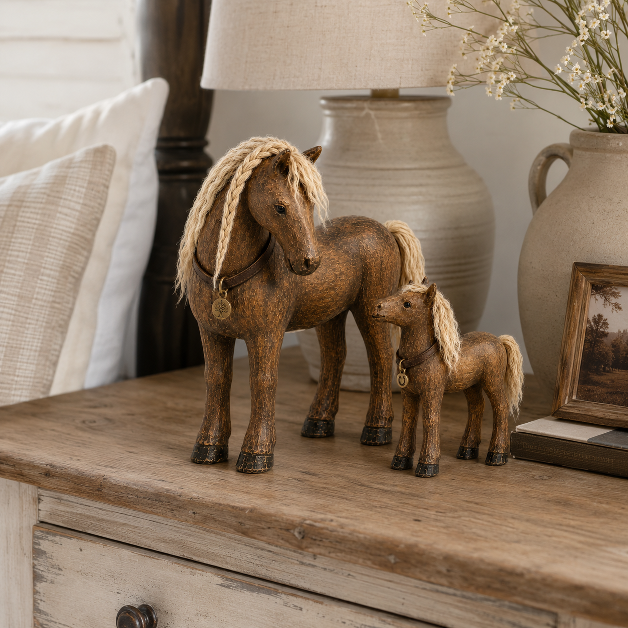 Vintage Mother & Foal Solid Wood Horse Figurine-HandPrint
