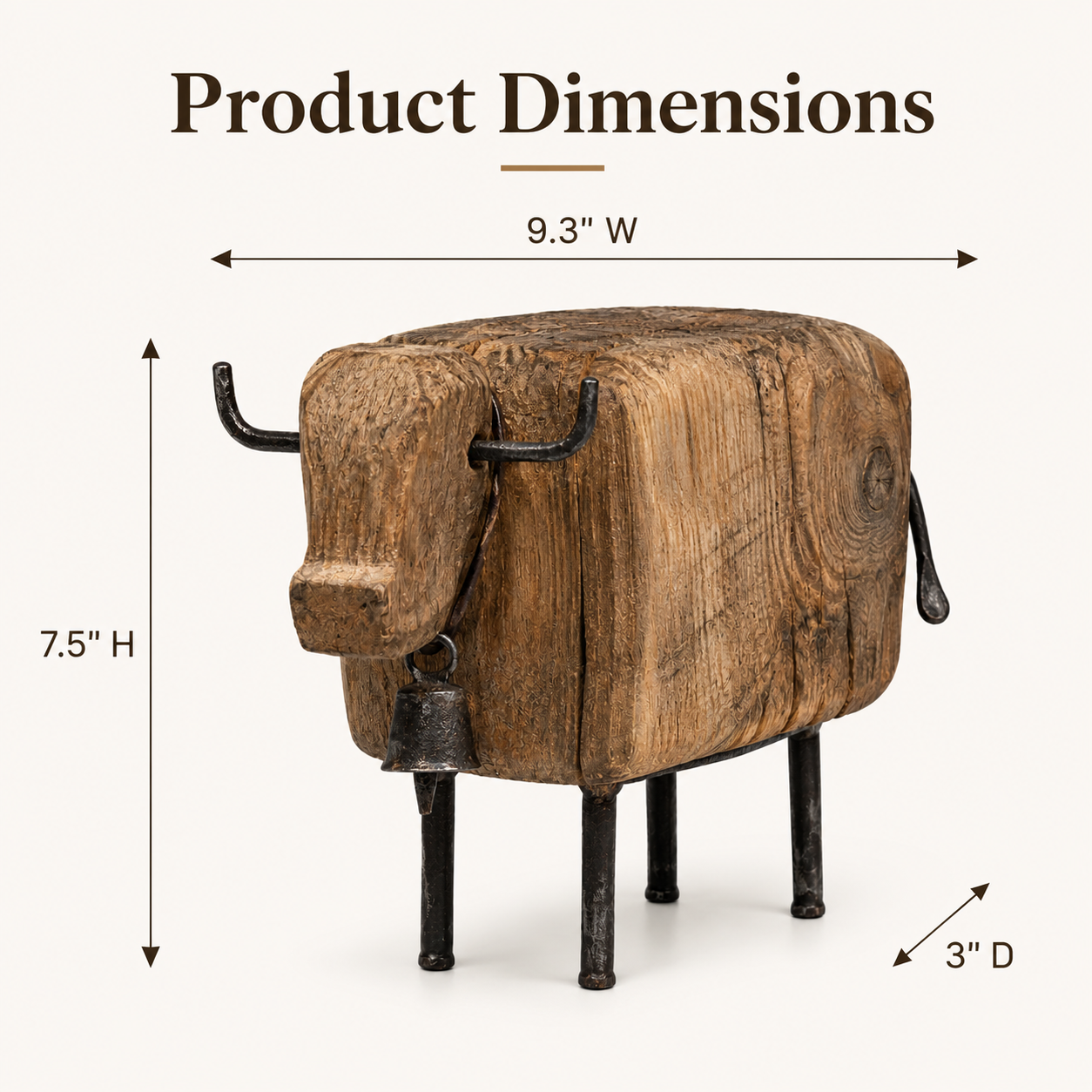 Vintage Wooden Cow Figurine with Metal Bell-HandPrint