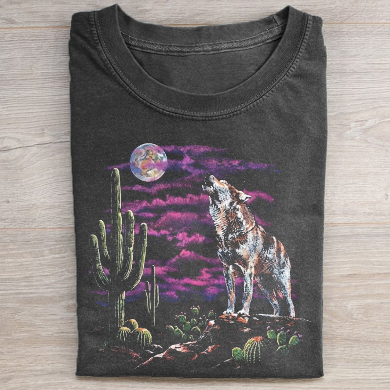 Retro Howling Wolf Moon T-shirt-NaturexCraft