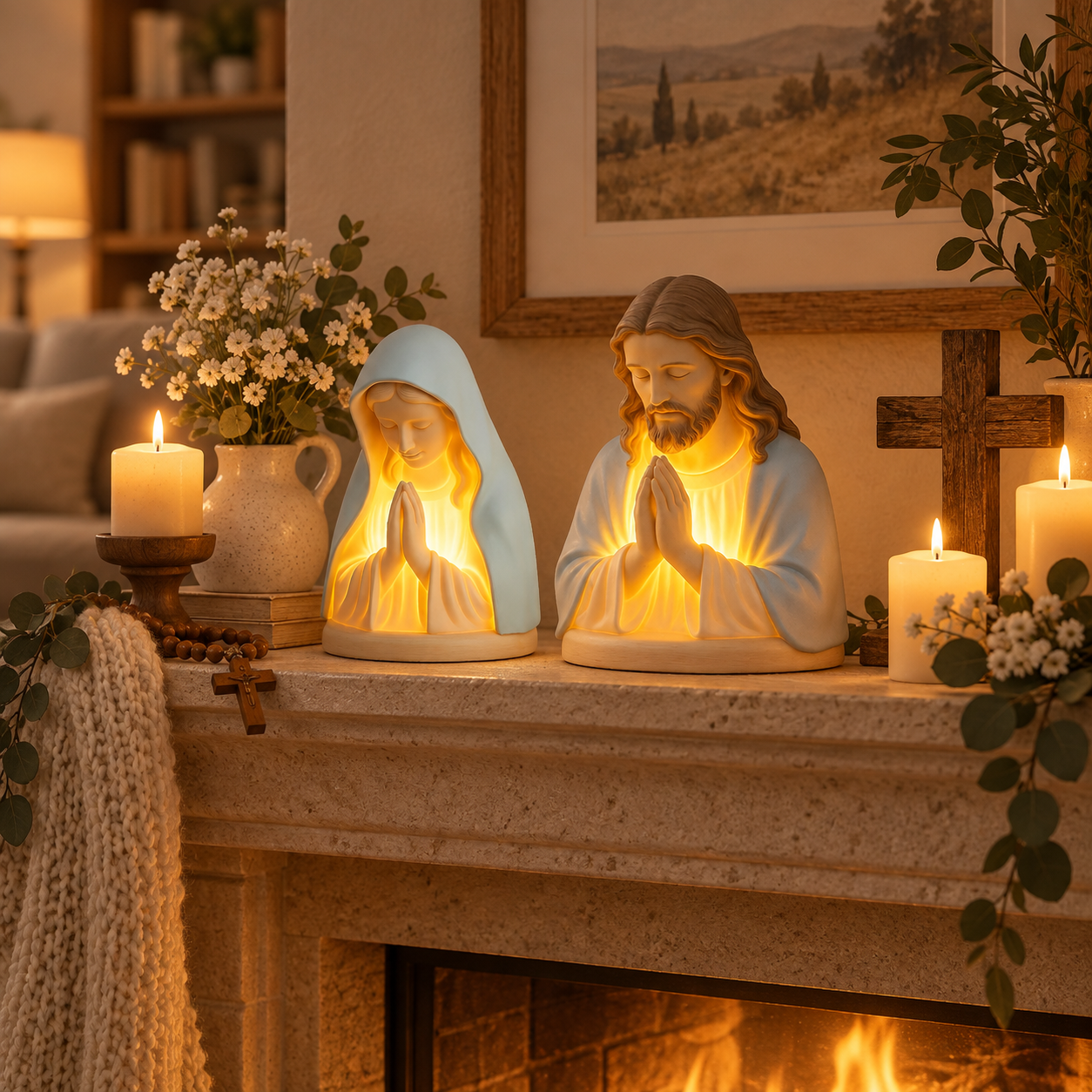Handmade Resin Christian Prayer Night Light-Virgin Mary & Jesus Resin Figurine-HandPrint