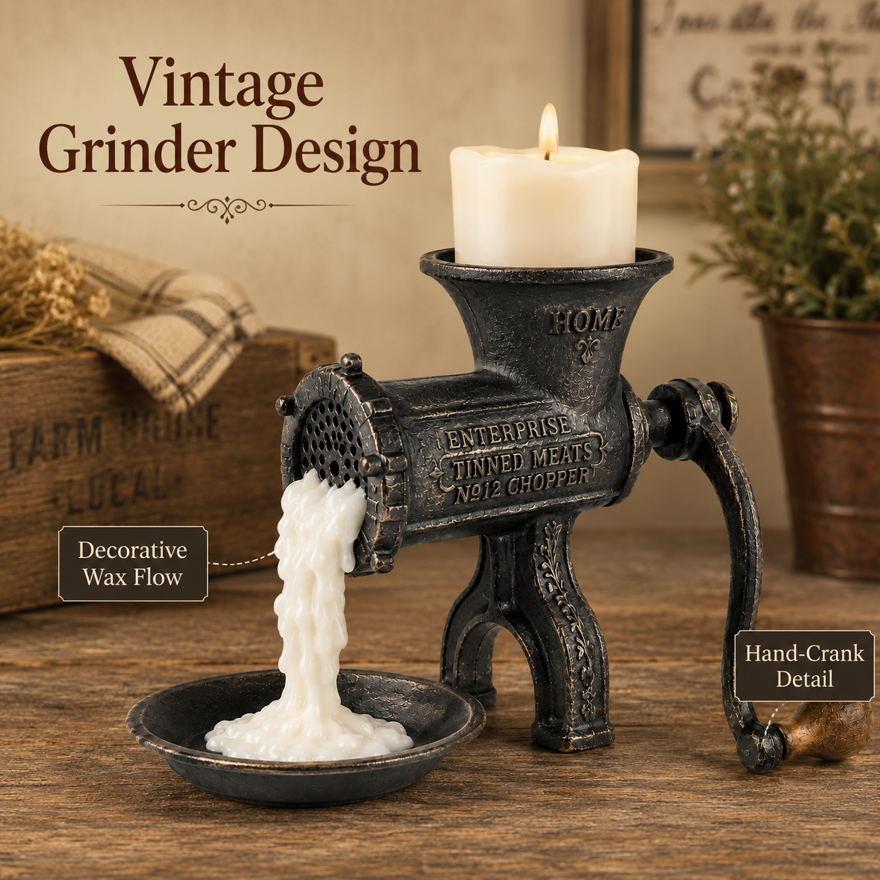Vintage Meat Grinder Candle Holder-HandPrint