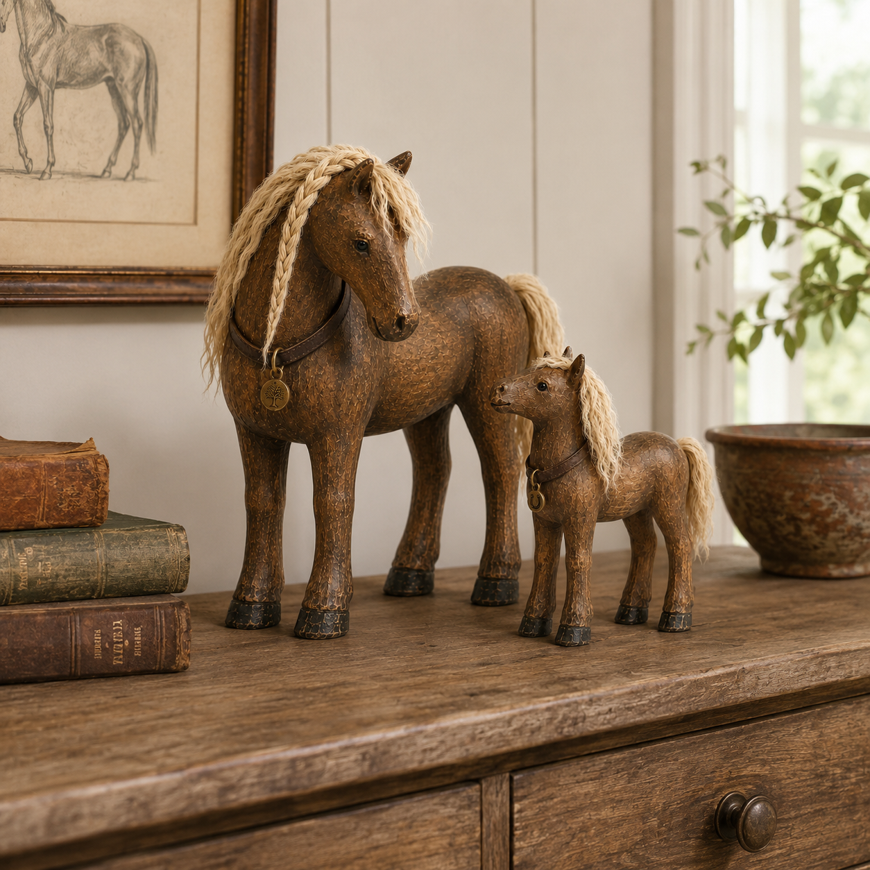 Vintage Mother & Foal Solid Wood Horse Figurine-HandPrint