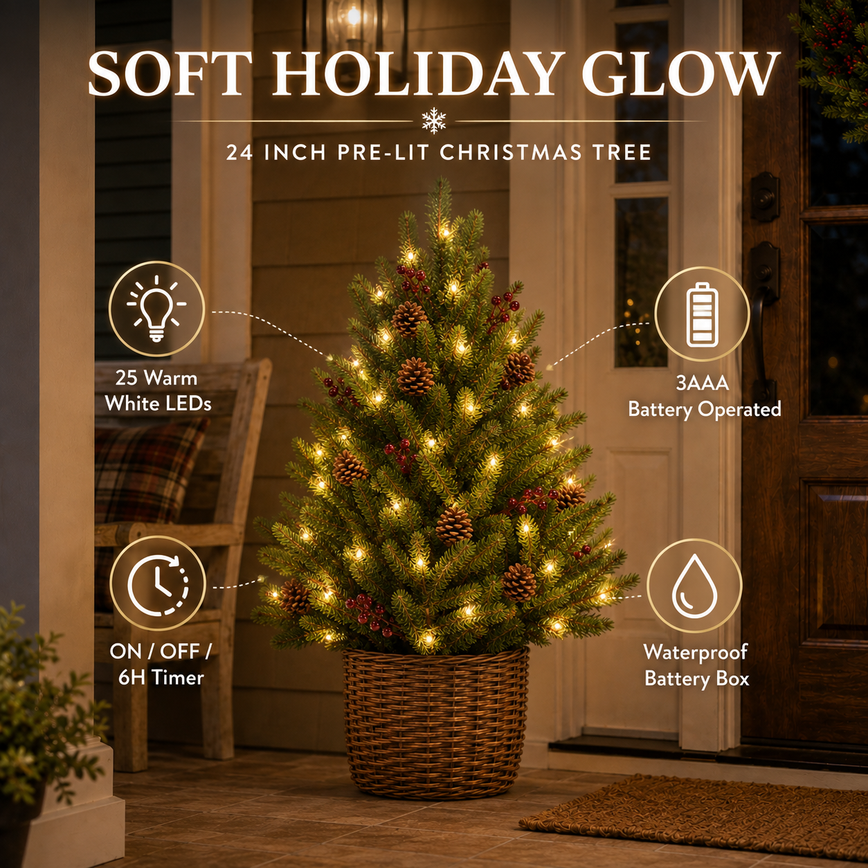 24-Inch Pre-Lit Christmas Tree with Woven Basket-HandPrint