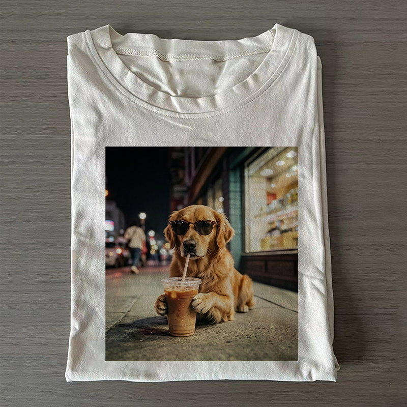 Golden Retriever Drinking Iced Coffee T-shirt-NaturexCraft