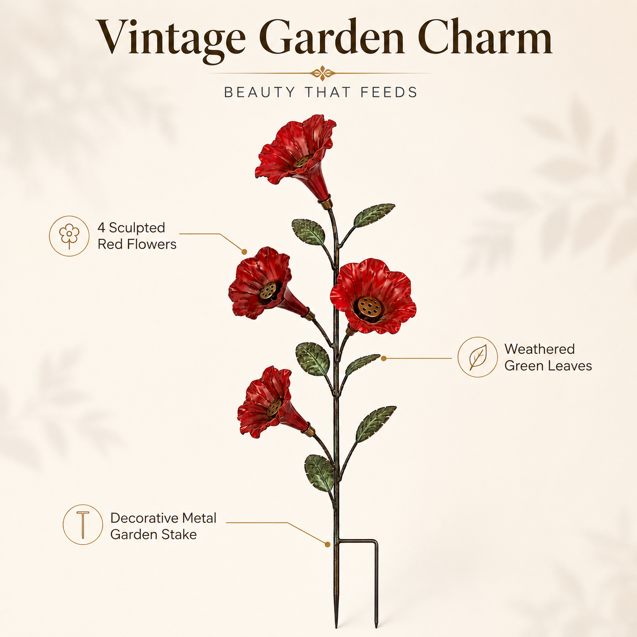 Vintage Red Flower Hummingbird Feeder Garden Stake-HandPrint