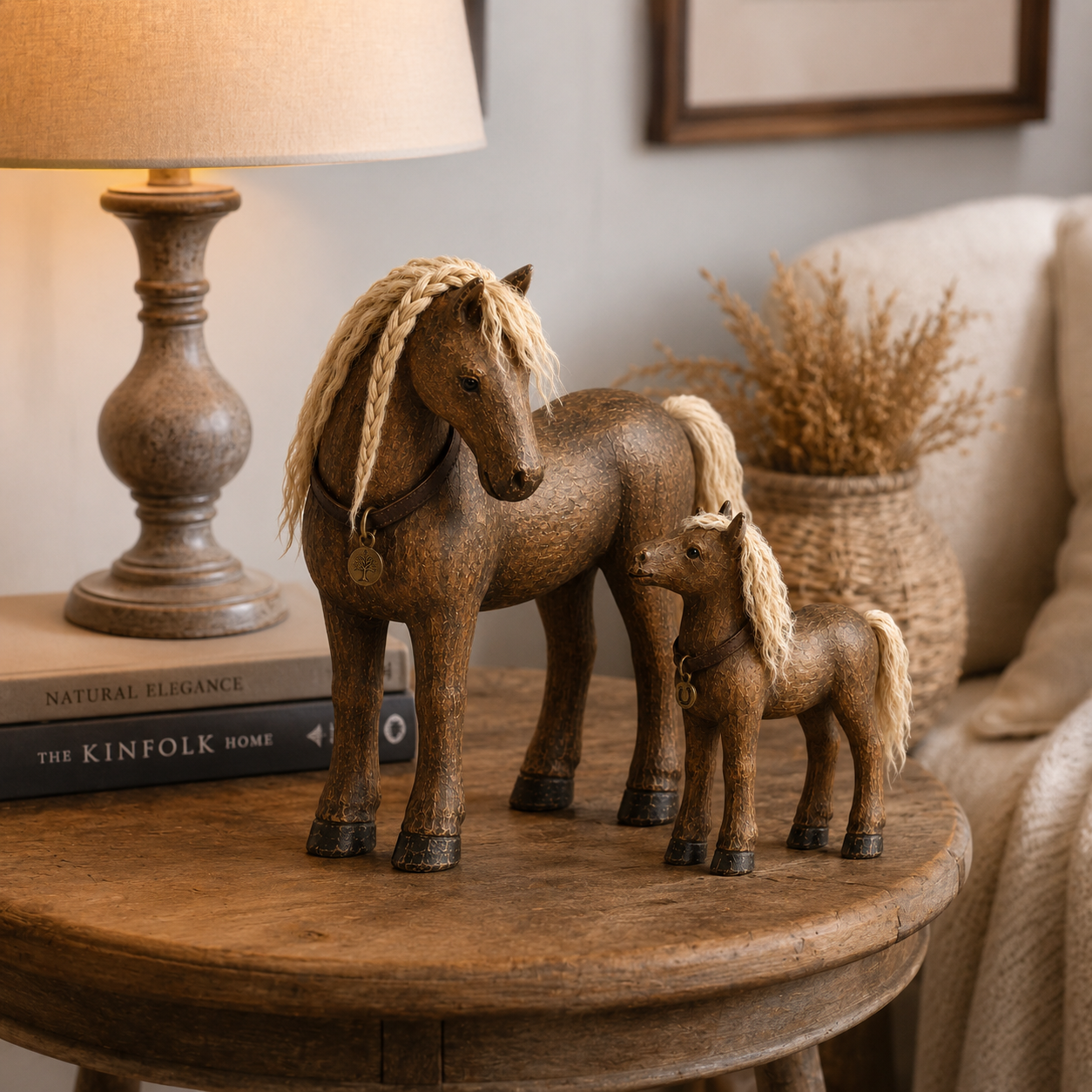 Vintage Mother & Foal Solid Wood Horse Figurine-HandPrint