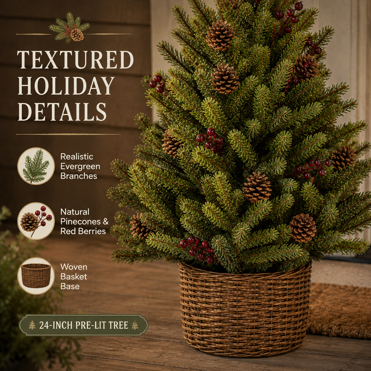 24-Inch Pre-Lit Christmas Tree with Woven Basket-HandPrint
