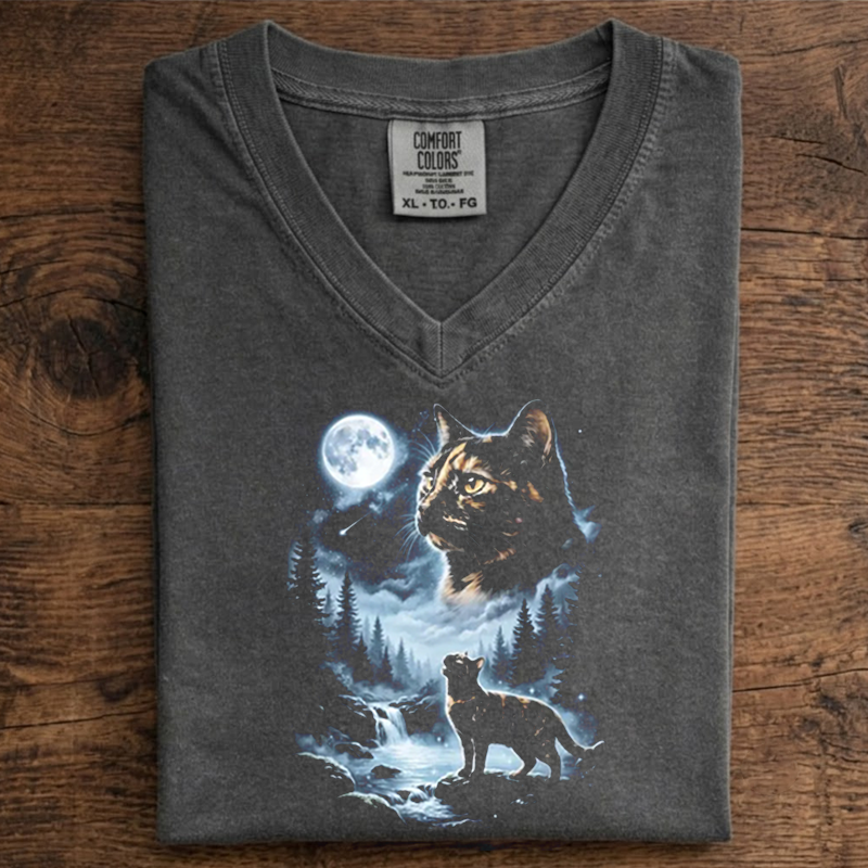 Tortoiseshell Cat Howling to the Moon V-neck T-shirt-NaturexCraft