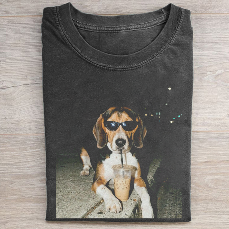 Cool Beagle Drinking Iced Coffee T-shirt-NaturexCraft