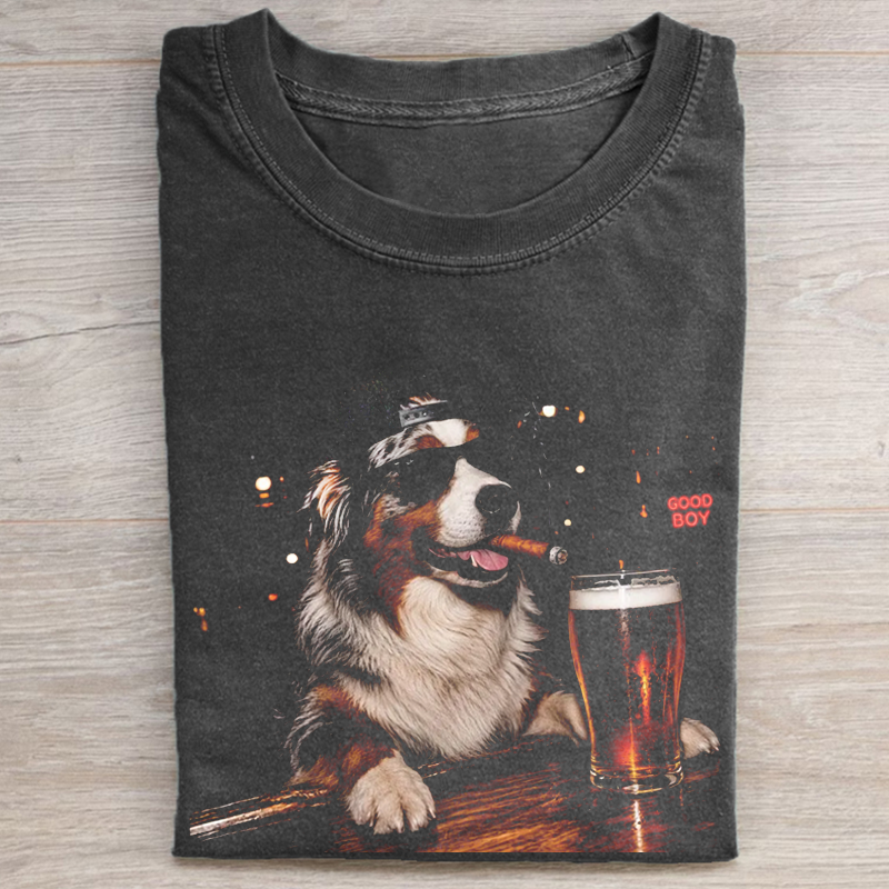 Silly Australian Shepherd Drinking Beer Graphic T-shirt-NaturexCraft